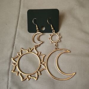 Gold Sun and Crescent Moon Dangle Earrings - Women Jewelry